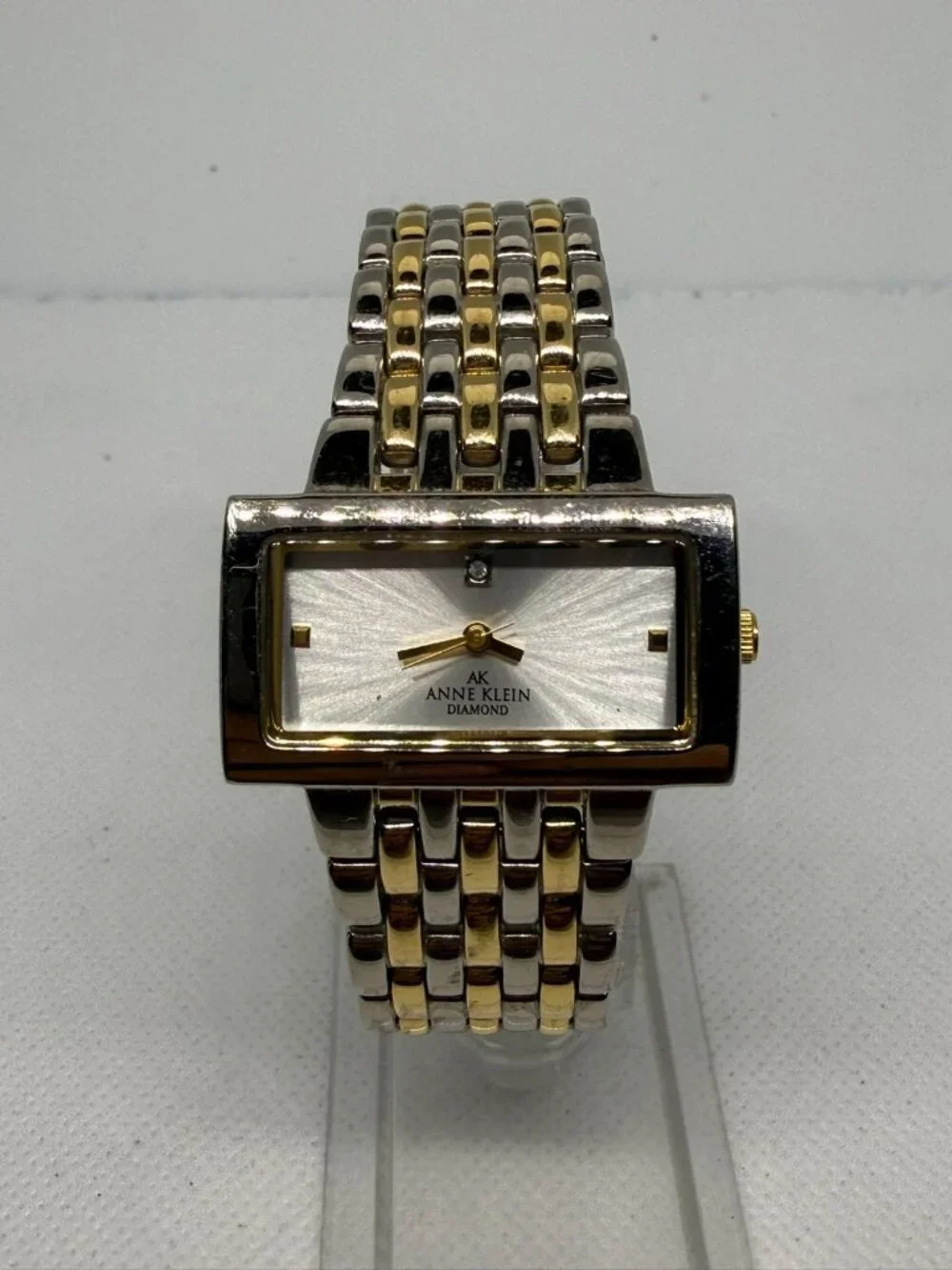 Anne Klein Diamond Ladies Two-Tone Rectangular Bracelet Watch Silver Dial 1072S3